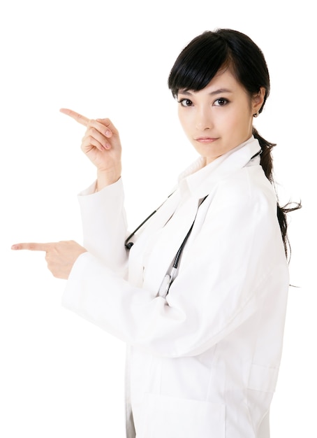 Closeup portrait of Asian medicine doctor woman on white background.