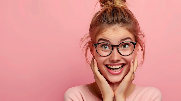 Closeup portrait of an attractive and cheerful girl with a pink pastel background