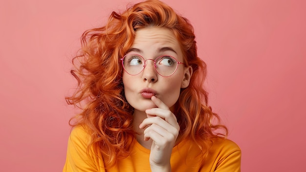 Photo closeup portrait of an attractive and cheerful girl with a pink pastel background