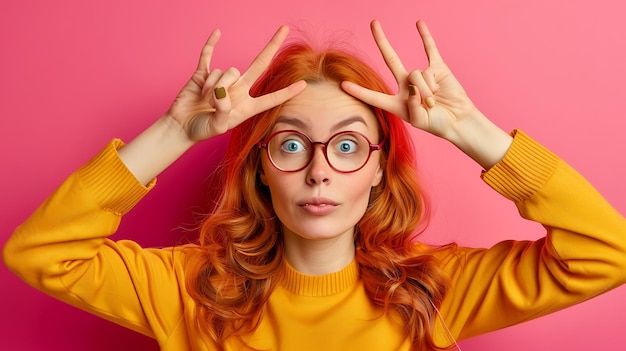 Photo closeup portrait of an attractive and cheerful girl with a pink pastel background