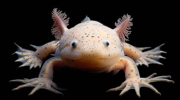 A closeup portrait of an axolotl a fascinating amphibian with feathery gills and large curious eyes