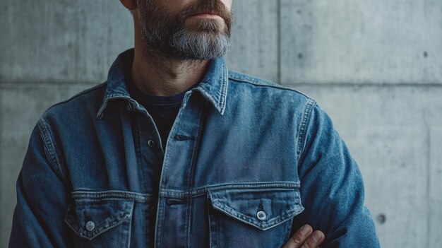 Photo closeup portrait of bearded man in denim jacket with crossed arms against concrete wall