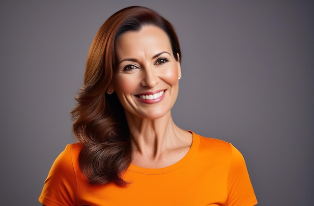 Closeup portrait of a beautiful 40yearold European woman in an orange sweater