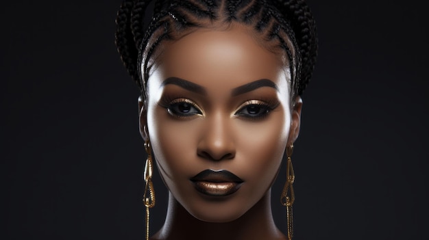 Closeup Portrait of a beautiful African American Woman with earrings Makeup Hairstyle looking at the camera on a black background Beauty Youth of the concept