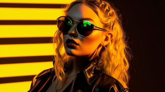 Closeup portrait of a beautiful blonde girl in sunglasses and a leather jacket