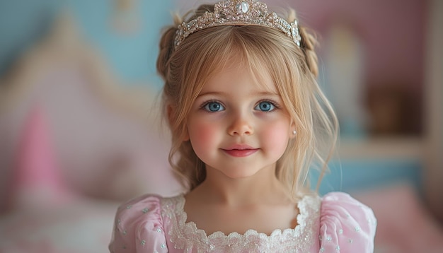 Photo closeup portrait of beautiful caucasian little girl princess with beautiful pink dress and crown