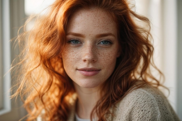 Closeup portrait of a beautiful charming redhead European model with freckled looking at camera on a white interior background