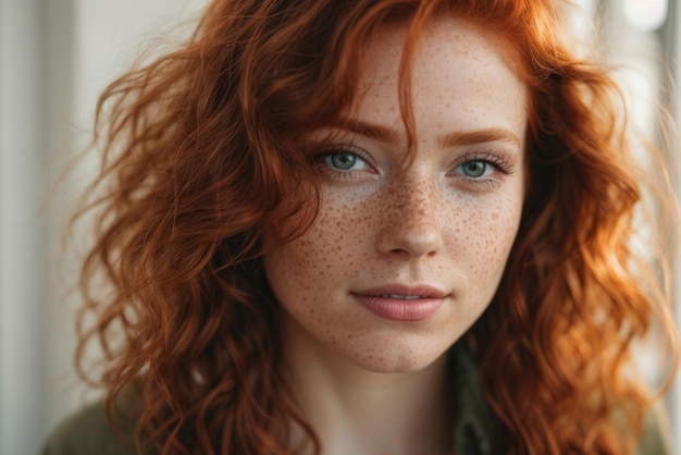 Closeup portrait of a beautiful charming redhead European model with freckled looking at camera on a white interior background