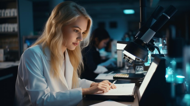 Photo a closeup portrait of a beautiful female student engaged in research with a microscope in a modern medical laboratory the concept of healthcare and biotechnology