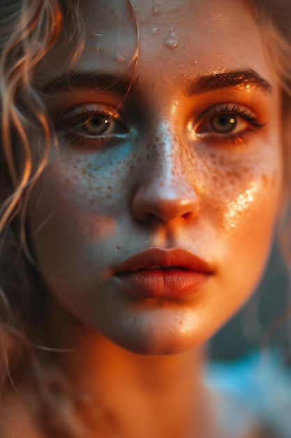 Closeup portrait of a beautiful girl with freckles on her face