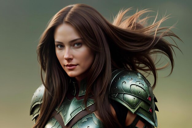 Closeup portrait of a beautiful girl with long hair in a green armor