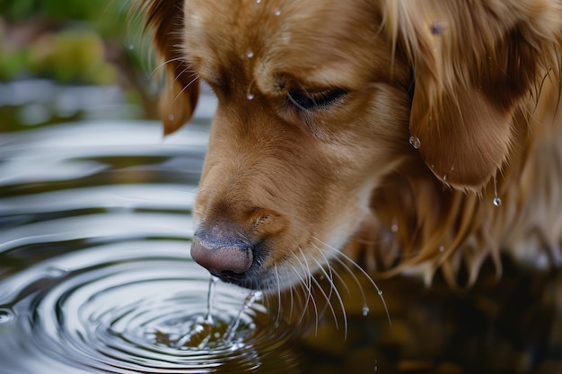 Closeup portrait of beautiful golden retriever dog drinking fresh water from a shiny bowl