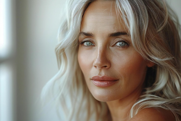 Closeup portrait of a beautiful senior woman with smooth skin and blonde hair on a white background