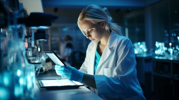 A closeup portrait of a beautiful serious woman scientist engaged in research in the laboratory The concept of healthcare and biotechnology