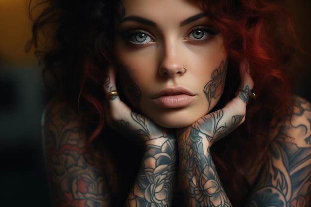 Closeup portrait of a beautiful stylish redhaired woman with tattoos and piercings looking at camera