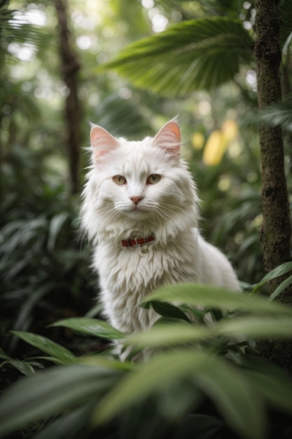 Closeup portrait of a beautiful white Maine Coon cat against a background of green leaves in the forest tropics jungle Pets wild animals concepts