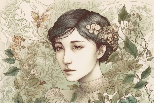 Closeup portrait of a beautiful woman with delicate features surrounded by intricate botanical