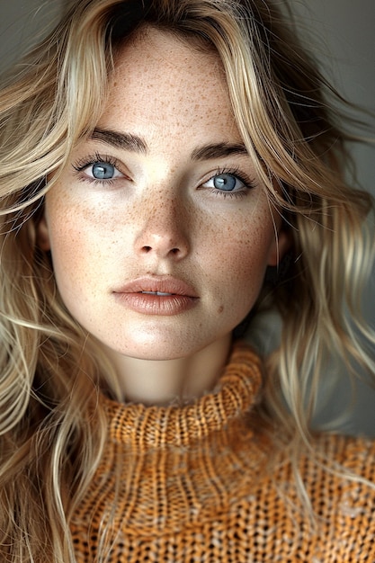 A closeup portrait of a beautiful woman with freckles wearing a cozy sweater and showcasing captivating blue eyes and natural beauty