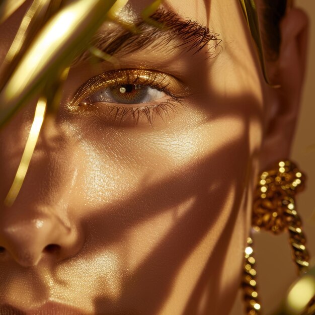 Photo closeup portrait of a beautiful woman with golden makeup