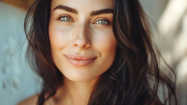 Closeup portrait of a beautiful woman with long dark hair smiling