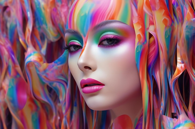 Closeup portrait of beautiful woman with multicolored makeup