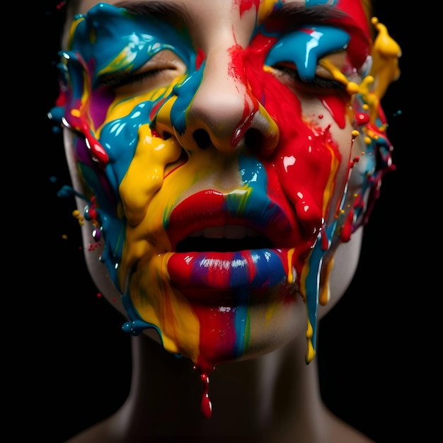 Closeup portrait of a beautiful woman with multicolored paint on her face