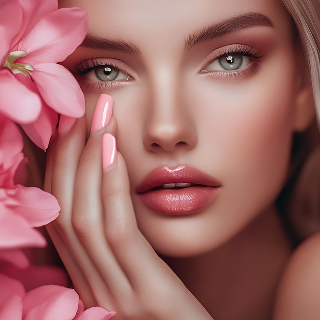 Photo closeup portrait of a beautiful woman with pink flowers