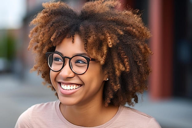 Closeup portrait of a beautiful young african american woman with afro hairstyle and eyeglasses