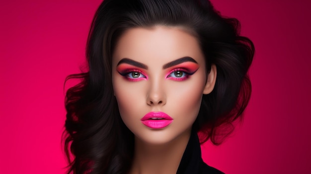 Closeup Portrait of a beautiful young brunette woman with bright pink makeup Lips Lipstick Eye Shadow Cosmetics Beauty Salon concepts