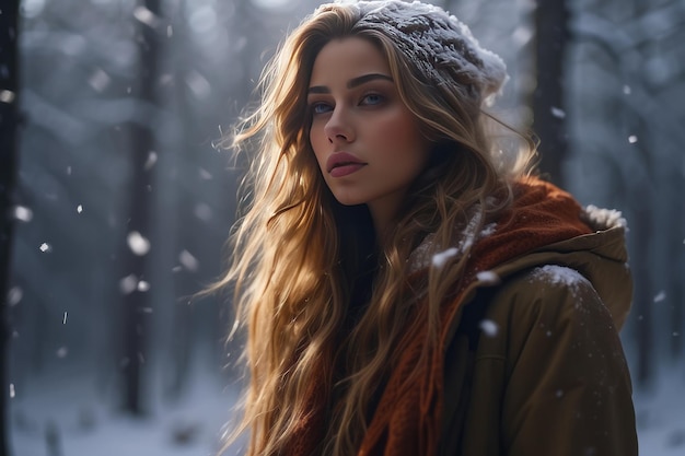 Closeup portrait of a beautiful young brunette woman with long hair in a winter forest during a snowfall