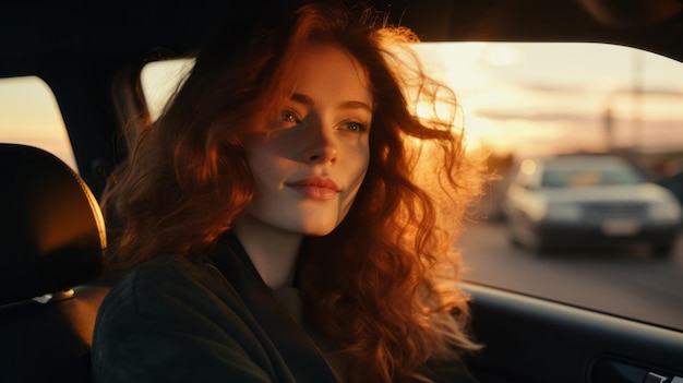 Closeup Portrait of a beautiful young redhead man driving her new car at sunset Buying and renting a car concept