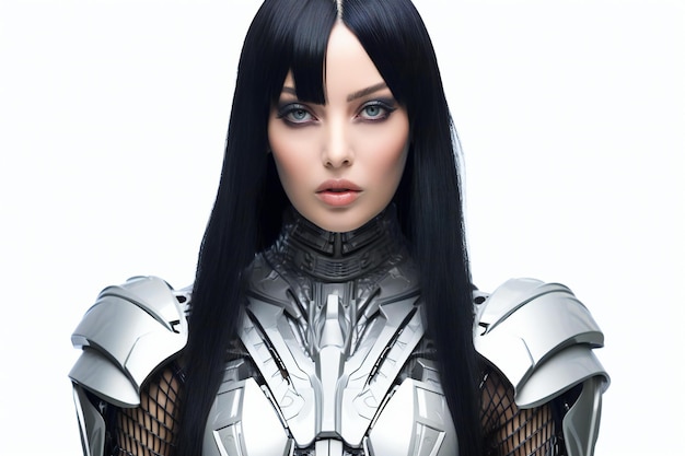 Closeup portrait of beautiful young woman in futuristic armor Isolated on white background