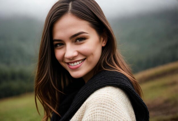 Closeup portrait of a beautiful young woman smiling in outdoor nature background