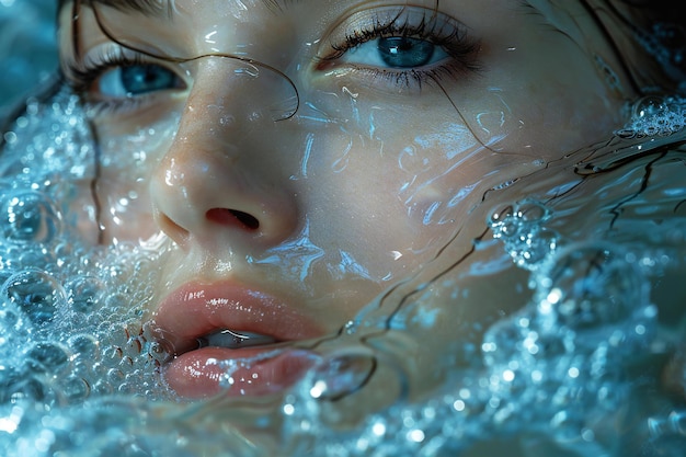 Closeup portrait of a beautiful young woman in the water