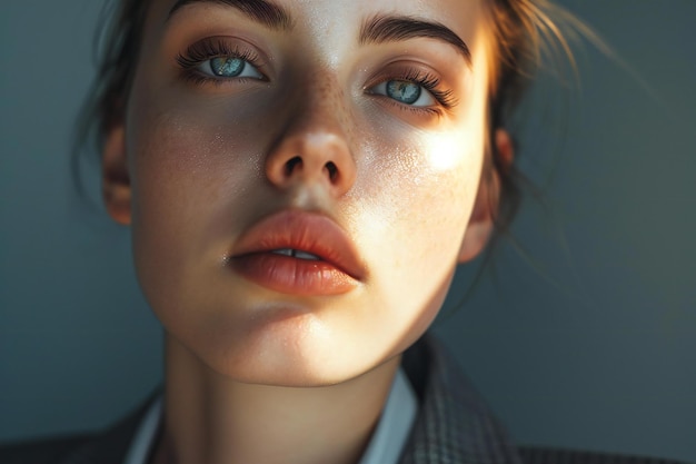 Closeup portrait of a beautiful young woman with blue eyes