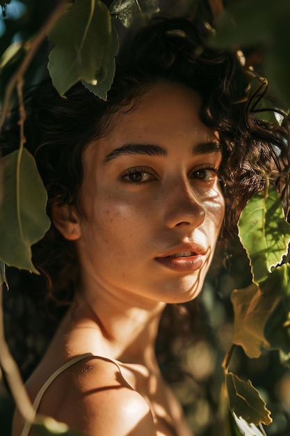 Closeup portrait of a beautiful young woman with curly hair in the garden