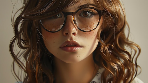 Closeup portrait of a beautiful young woman with freckles wearing glasses She has long wavy brown hair and light brown eyes