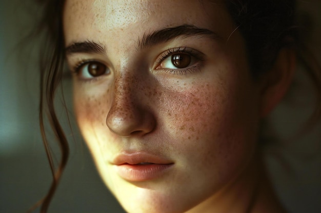 Closeup portrait of a beautiful young woman with freckles