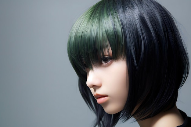 Closeup portrait of a beautiful young woman with green short hair