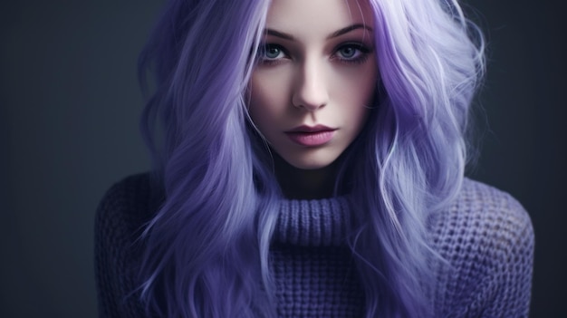 A closeup portrait of a beautiful young woman with purple hair and a sweater on a dark background Hair coloring Fashion New trends concepts