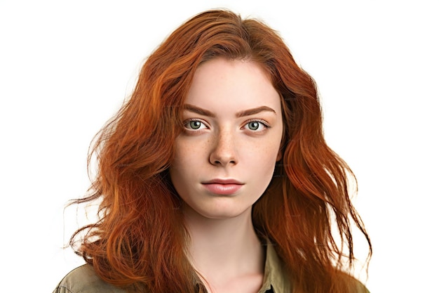 Closeup portrait of a beautiful young woman with red hair on white background