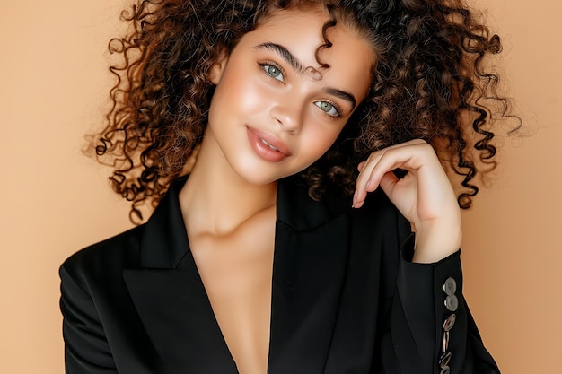 Photo closeup portrait of beauty fashion model with clean skin and curly hair