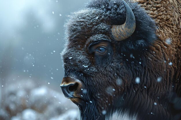 Photo closeup portrait of a bison in snowfall