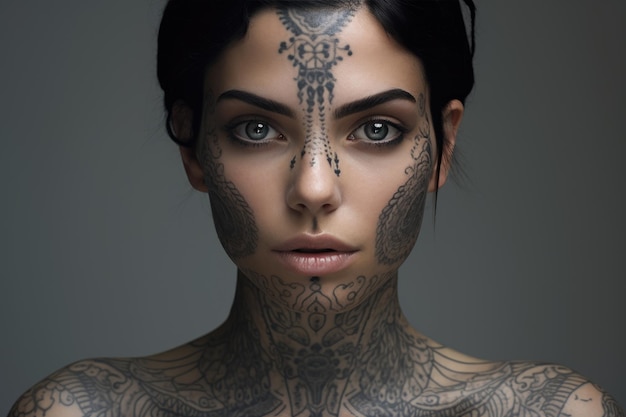 Closeup portrait of black hair greyeyed girl with moles and indian style tatoo on her face and neck