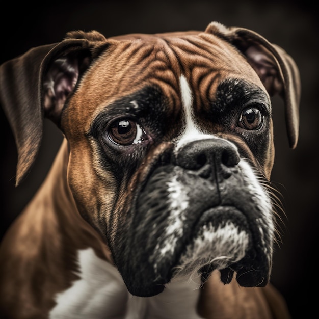 Closeup portrait boxer dog with ravishing detail on studio isolated background