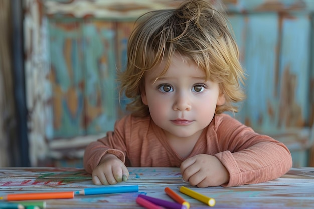 CloseUp Portrait of Boy Drawing with Crayons