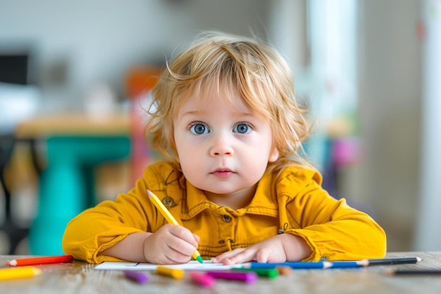 CloseUp Portrait of Boy Drawing with Crayons