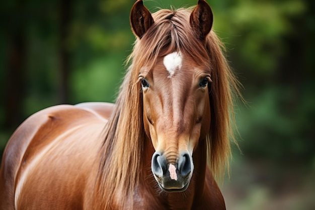 Closeup portrait of a brown horse in the forest