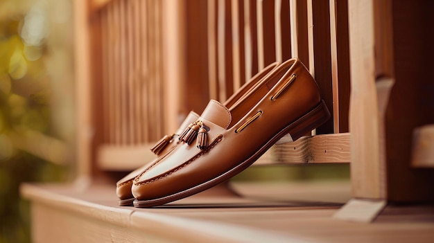 Photo closeup portrait of brown loafers on wooden surface