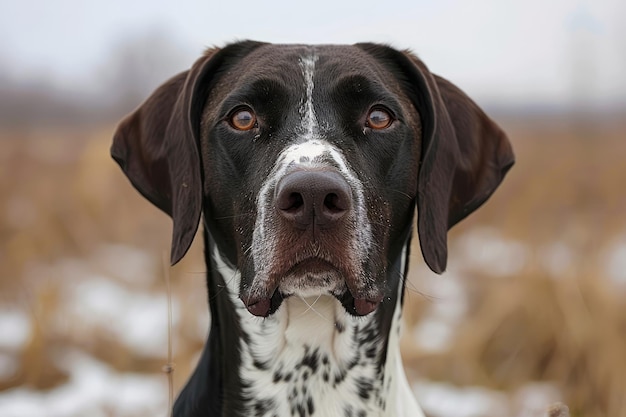 Closeup Portrait of a Brown and White Spotted Pointer Dog with a Serious Expression in a Winter